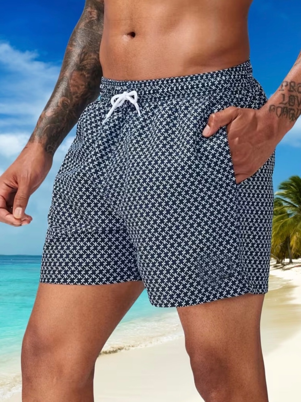 Men's Navy Geometric Swim Trunks with Drawstring